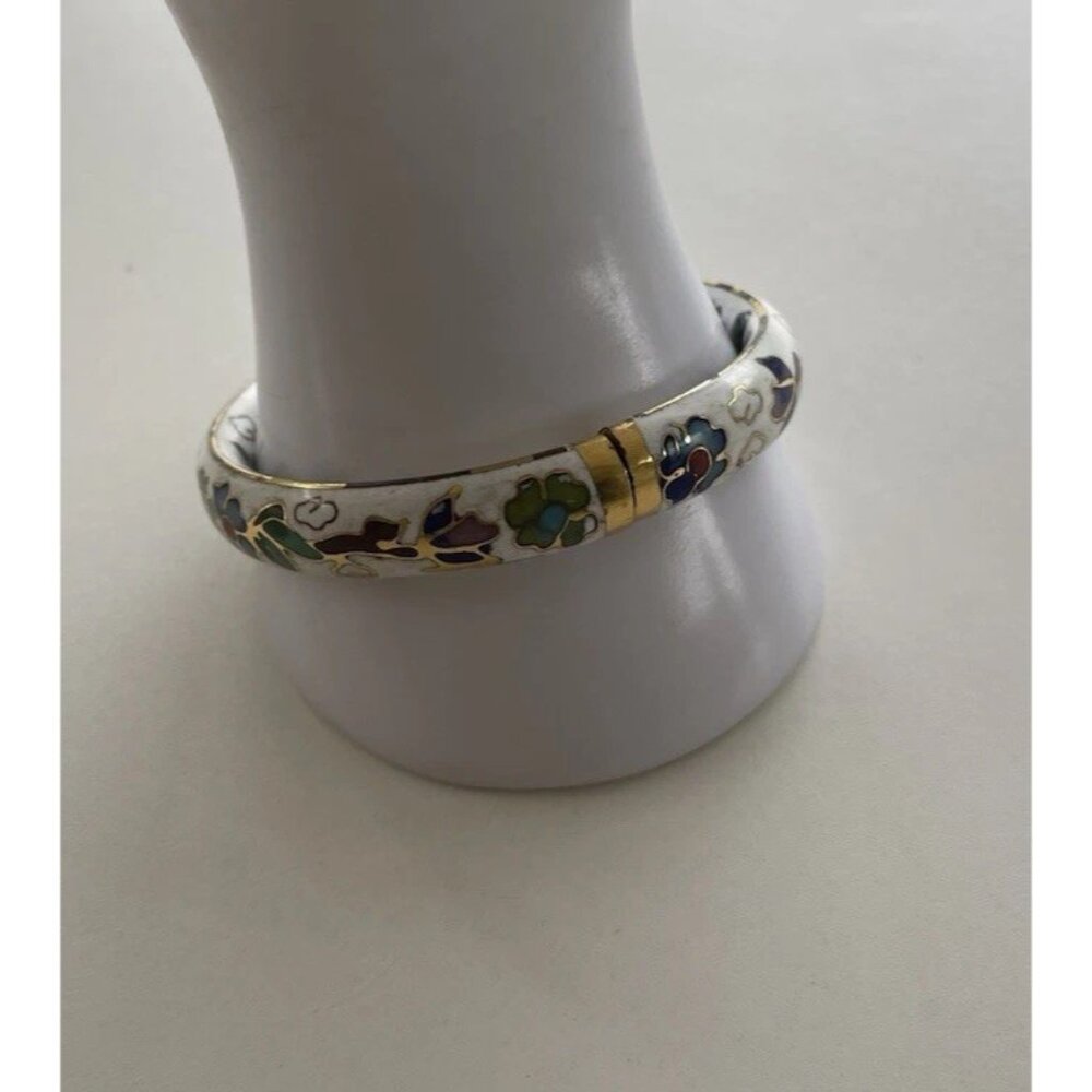Vintage White Enamel Cloisonné Floral Blue Multi Color Hinged  Bangle Sz 7.5”